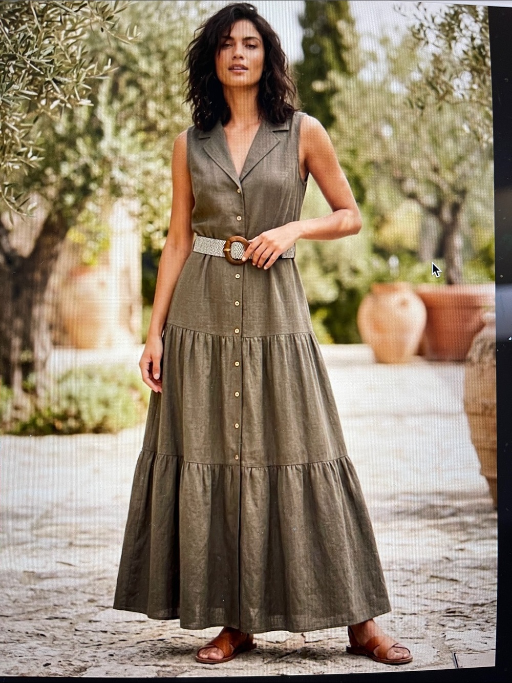 NWOT Ellen Tracy Olive Sleeveless Maxi Dress with Woven Belt & Wood Buckle